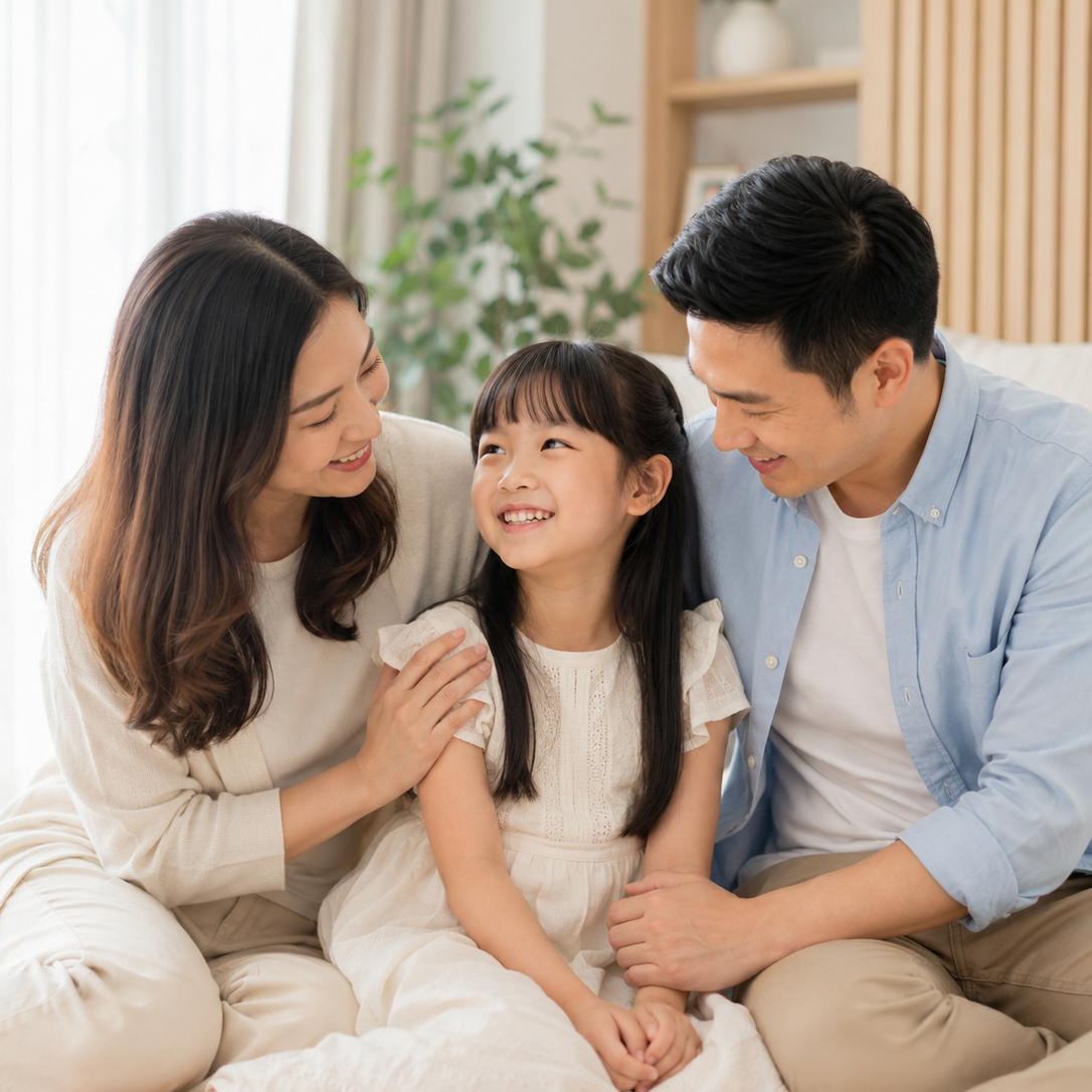 Parents smiling with their daughter