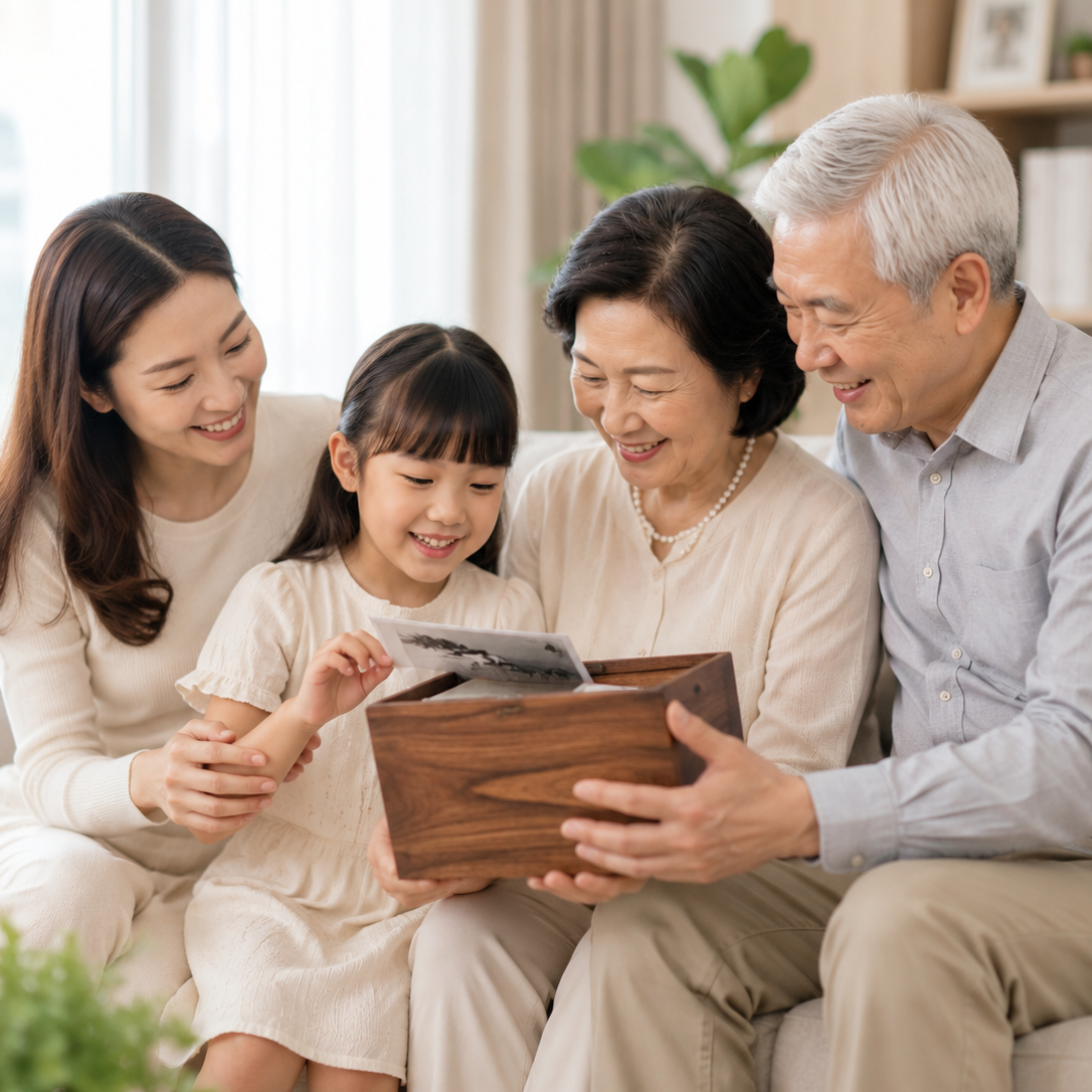 Family looking at a keepsake box together