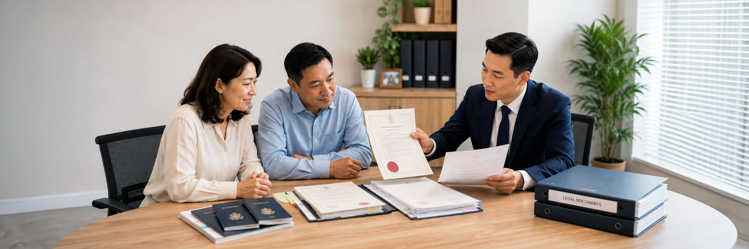 Adviser explaining foreign grant documents to a couple